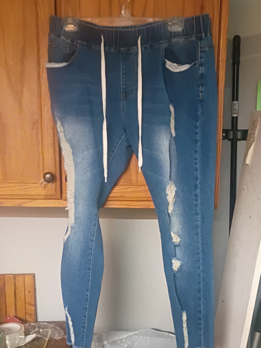 Men's Skinny Distressed Blue Jeans with Drawstring Waist